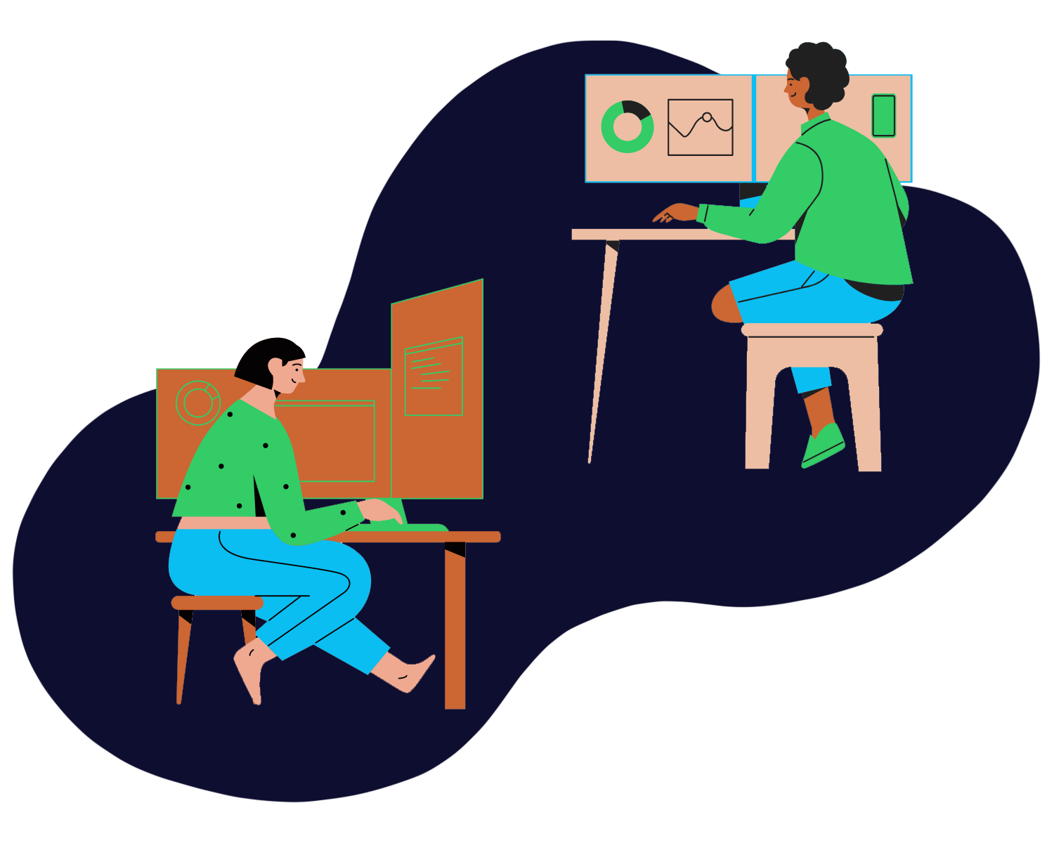Een figuur van talentvolle developers die aan het werken zijn achter hun bureau.